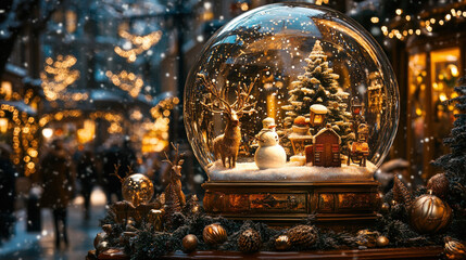 Fototapeta premium A Glass Snow Globe Depicting Whimsical Characters Like Snowmen And Reindeer Inside, Surrounded By A Gentle Snowfall Effect