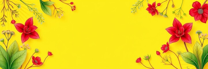 Obraz premium A vibrant frame created with yellow and red plants against a yellow background, with ample copy space in the center, plants, foliage