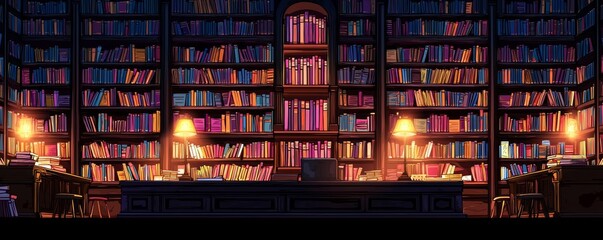 empty of  Public library at night with many books on shelves and working desks with lamps