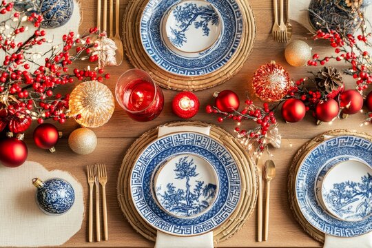 festive table setting with Chinoiserie Christmas decor, including patterned plates, silk napkins, and traditional Chinese motifs flat lay