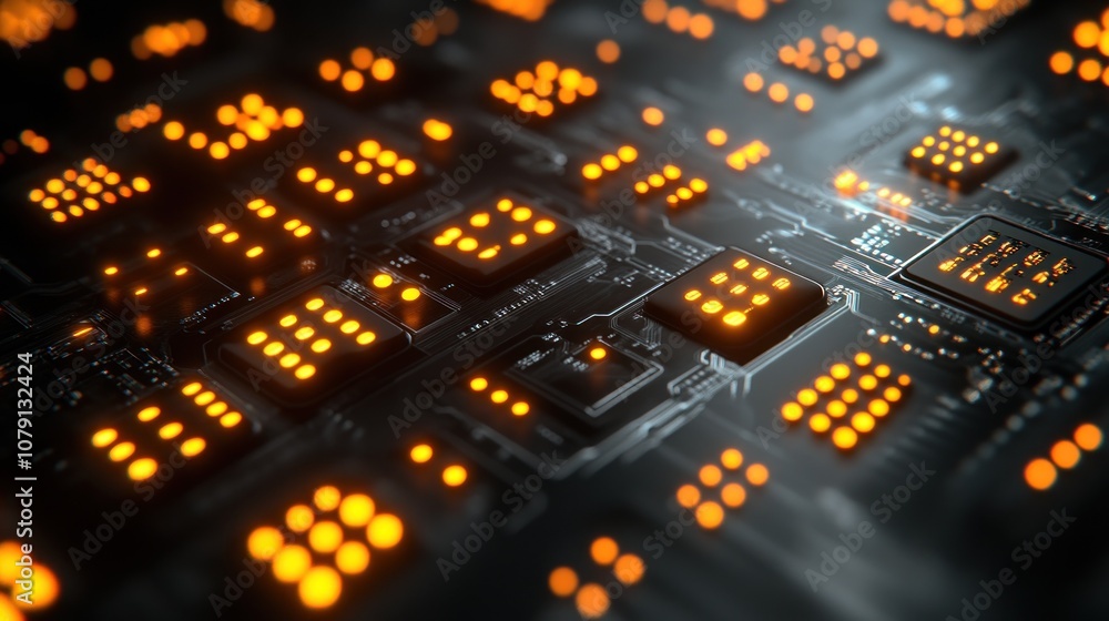 Poster close-up of a lit-up circuit board with a central processor.
