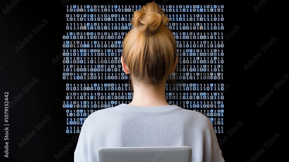 Poster woman is sitting in front of a computer screen with a bunch of numbers on it. she is focused on the 