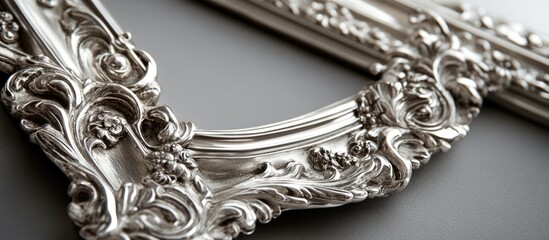 Close up of two ornate silver picture frames on a grey surface showcasing intricate details and elegant design