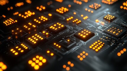 Close-up of a lit-up circuit board with a central processor.
