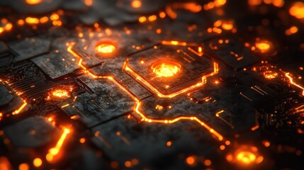 Close-up of a glowing circuit board with orange lights.