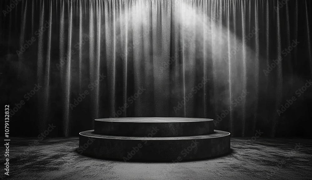 Aufkleber empty of the bare podium stands on dark backdrop with minimal platform studio mockup concept or adve