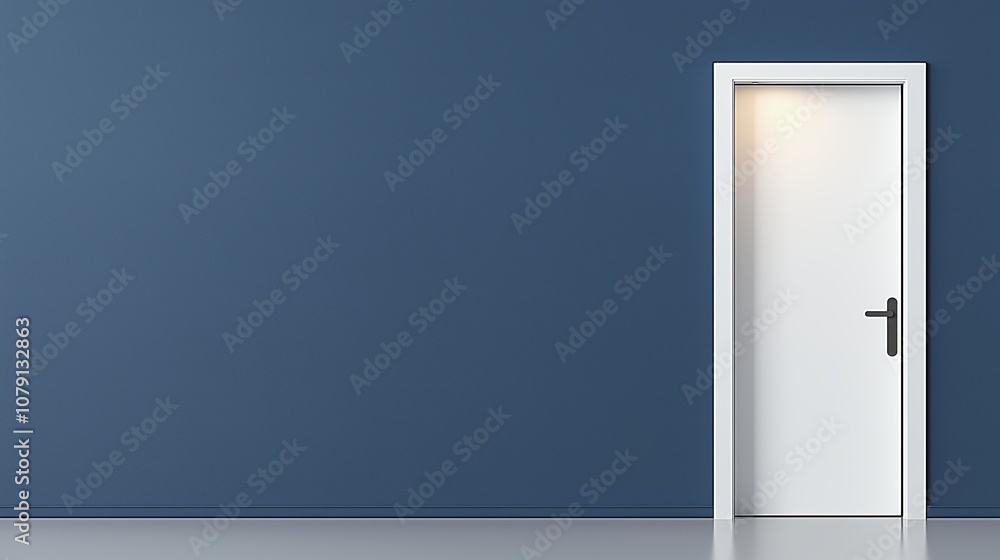 Aufkleber white door is standing in front of a blue wall. the door is open and the light is shining on it. the