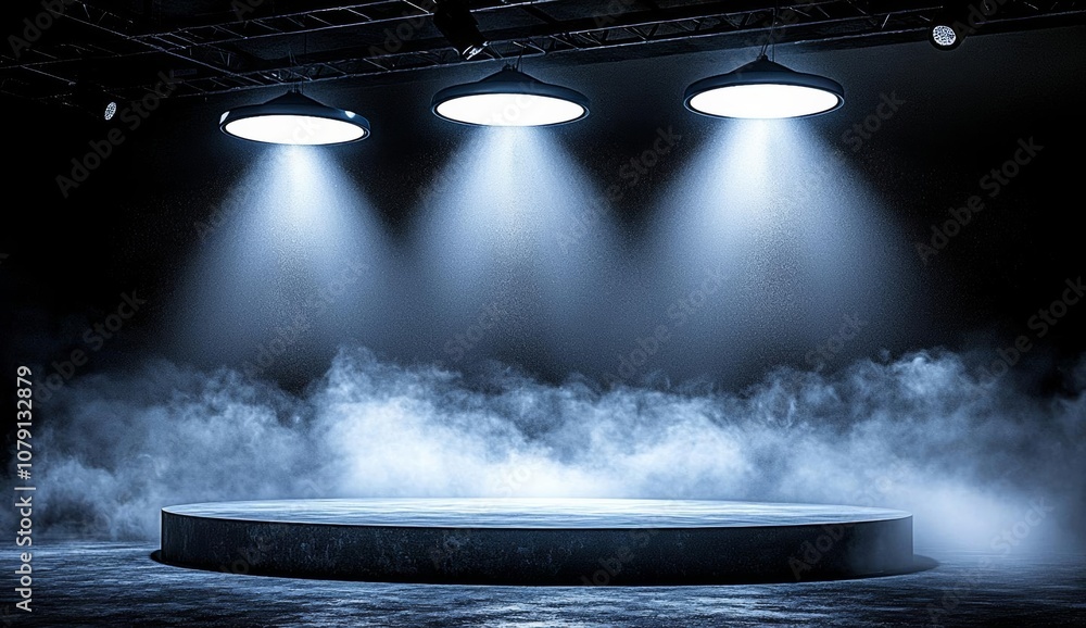 Aufkleber empty of the bare podium stands on dark backdrop with minimal platform studio mockup concept or adve