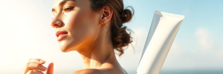 Fototapeta premium A woman's hand holding a white mockup tube of face and body care product against a sunny sky background showcasing the concept of beauty cosmetics shower gel, beauty, cosmetics