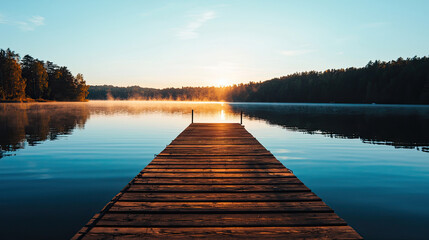 Obraz premium A serene wooden pier extends into a calm lake, reflecting soft sunlight as morning mist rises, surrounded by lush trees.