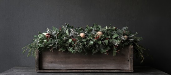 Christmas wreath elegantly arranged in a rustic wooden box against a dark grey backdrop perfect for festive home decor