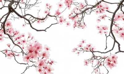 Fototapeta premium White background with pink flowers on a branch. The flowers are in full bloom and are very pretty