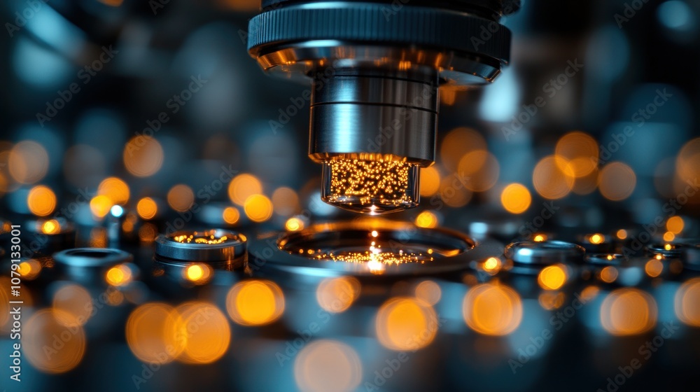 Poster close-up of a metallic probe scanning a surface with glowing particles in the background.