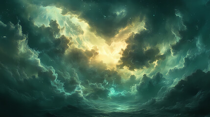 Dramatic clouds cast a luminous glow across the horizon, evoking a cosmic aura and mystique in this captivating skyscape ideal for fantasy and cosmic themes. Mystique. Illustration