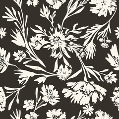 Seamless contrasting ink floral vector laconic black and white handmade ink pattern for fabric design, decor, ceramics, cards, flowers on black dark background