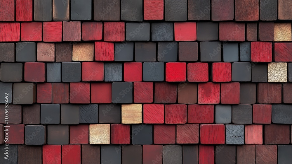 Poster wall made of wooden blocks in red and black. the blocks are arranged in a way that creates a pattern