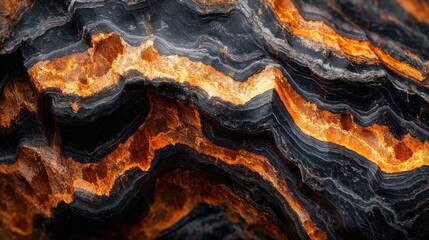 Obraz premium Close-up macro photograph of dark rock formations with glowing orange layers resembling molten lava, creating a dramatic contrast between black and fiery colors