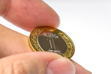Saudi Arabia coin. Saudi Riyal coin. close up photography.