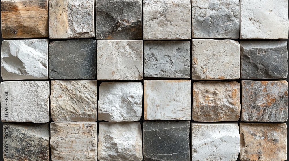 Poster wall made of stone blocks with a gray and white color scheme. the blocks are arranged in a checkered