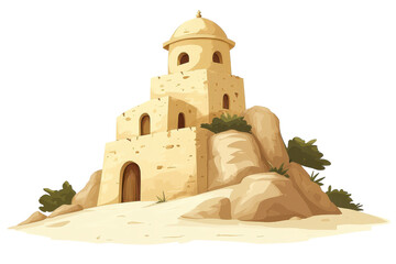 Ancient tower  set in a sandy landscape under a clear sky