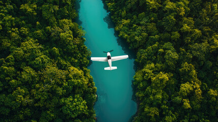 Aerial view of a small airplane flying over a turquoise river, surrounded by lush green foliage and dense trees.