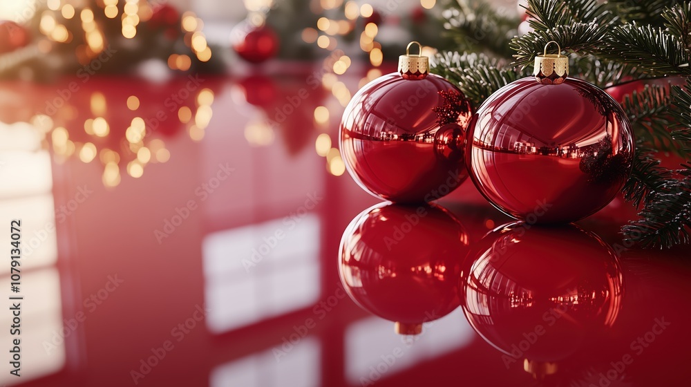 Aufkleber two red christmas ornaments are sitting on a red surface. the surface is reflecting the ornaments, c