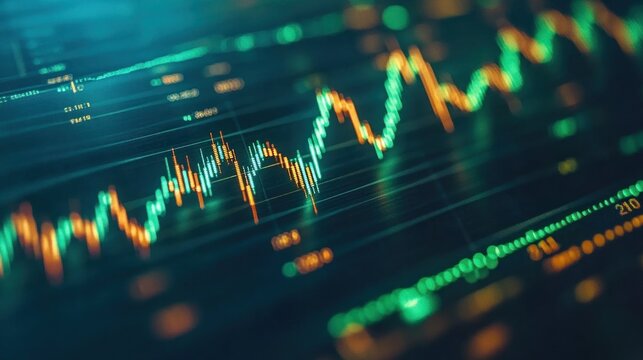 Closeup of a stock market chart showing a fluctuating line graph with green and orange colors on a digital screen.
