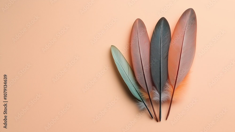 Poster three feathers are arranged in a triangle on a tan background. the feathers are of different colors 