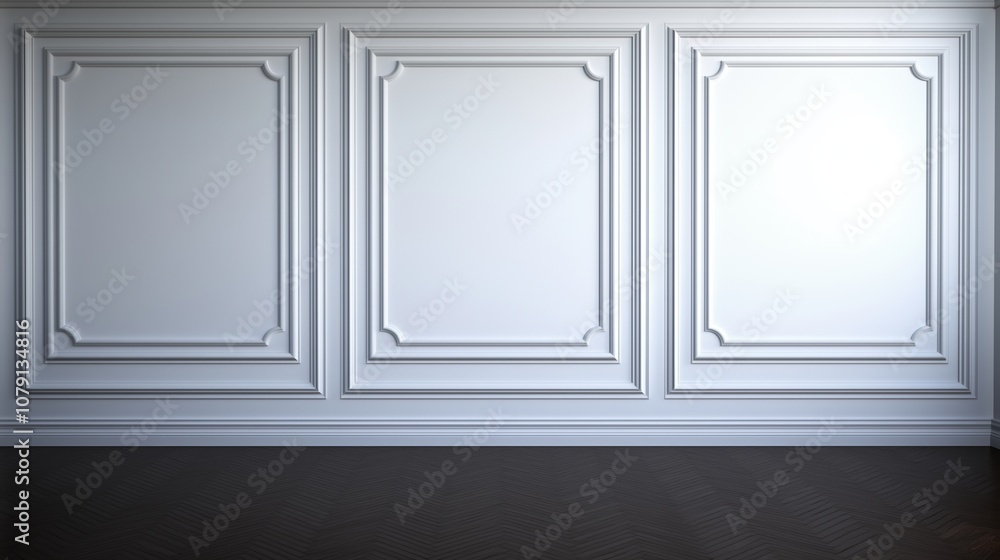 Poster the wall is made of white frames and is empty. the frames are white and are evenly spaced. the wall 