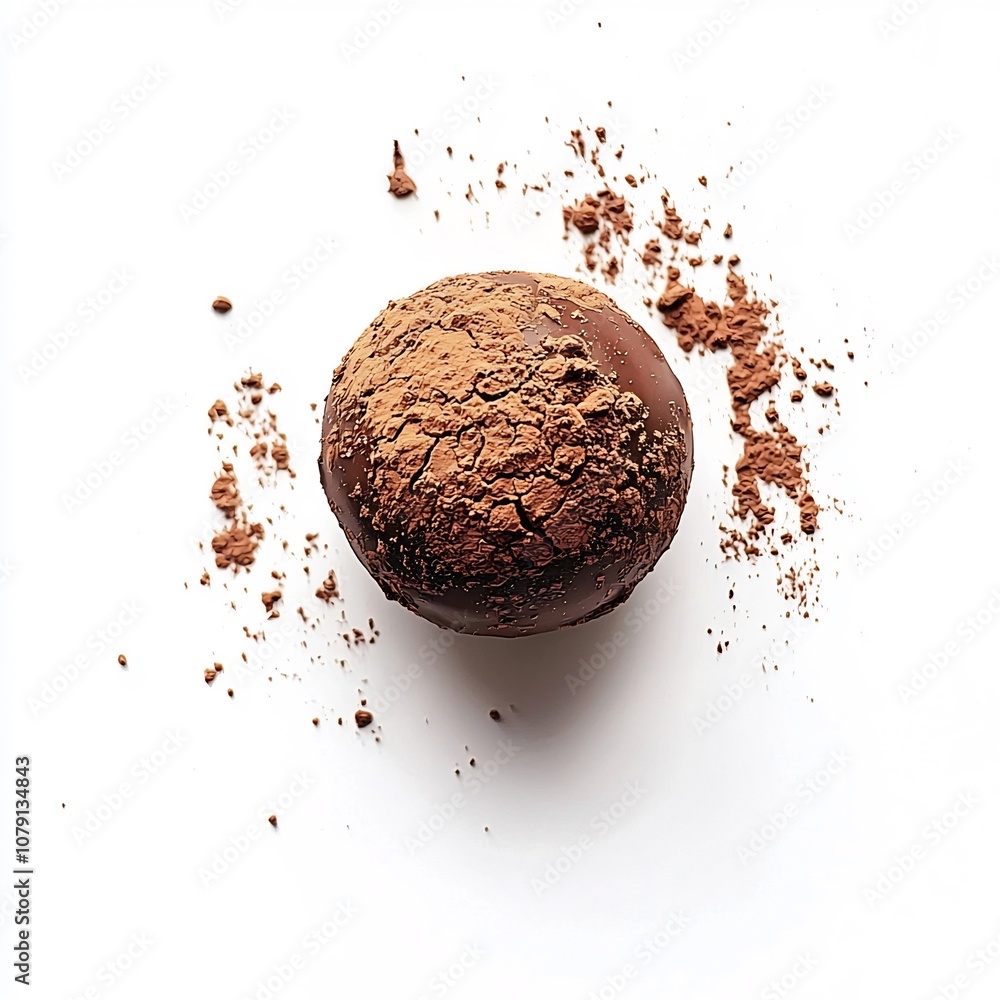 Poster perfectly symmetrical chocolate truffle with glossy surface and cocoa powder dusting
