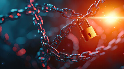 A shiny padlock secured within a chain, illuminated by a bright light, represents security and protection against threats.