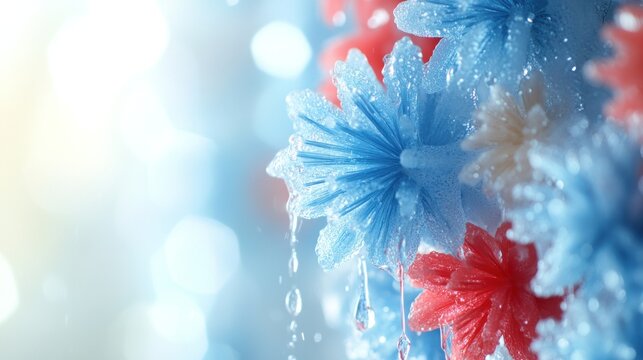 Close-up of blue, white, and red paper snowflakes with water drops falling from them.