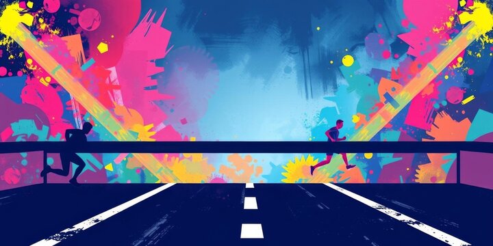 Abstract image of a marathon runner crossing the finish line with vibrant colors and dynamic elements, winner, sport