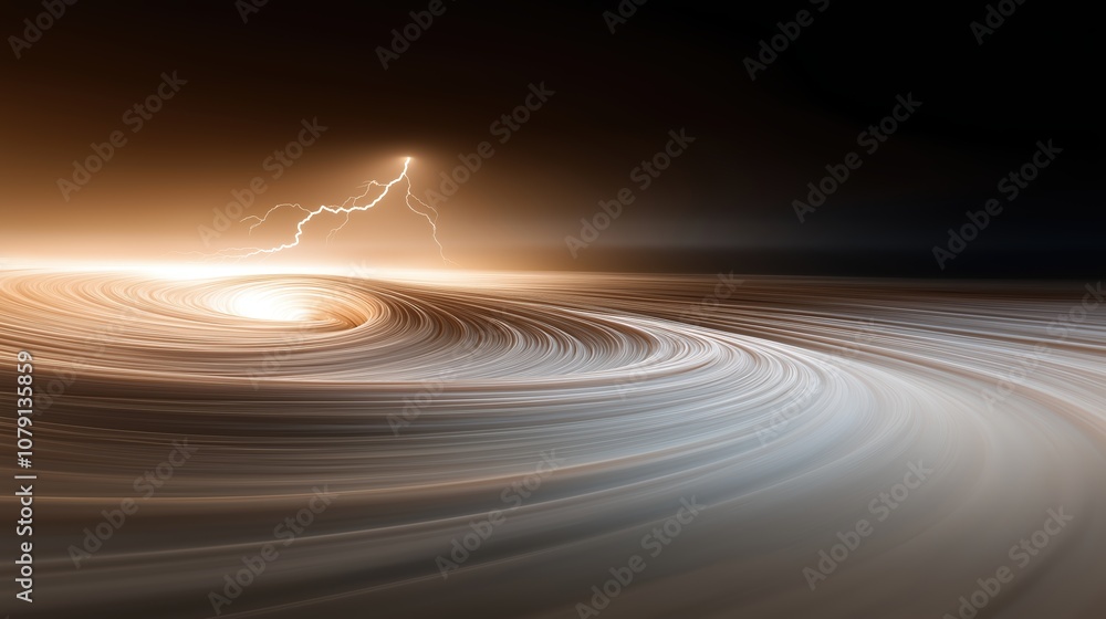Poster swirling vortex of light and dark colors with a lightning bolt in the center. the image has a mood o