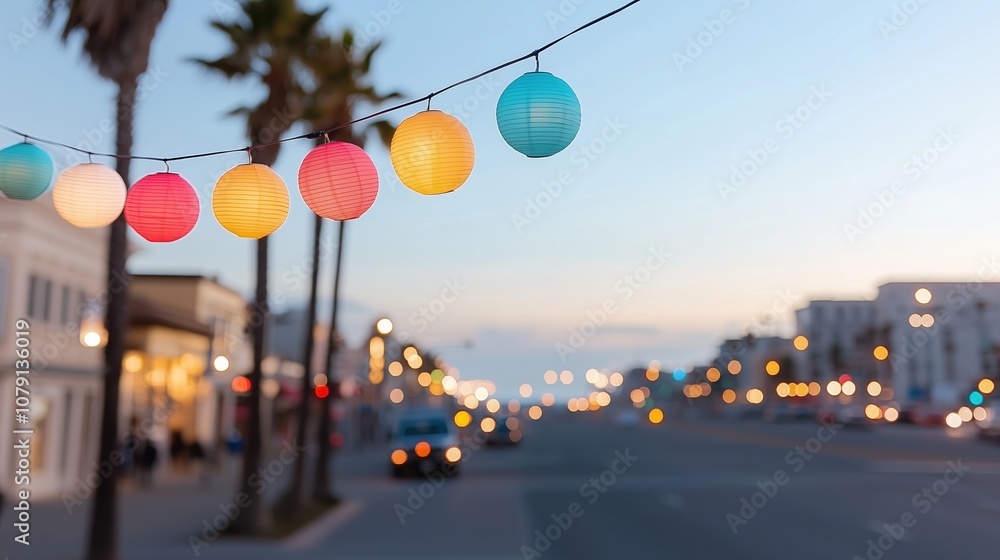 Poster street scene with a bunch of lights hanging from a tree. the lights are of different colors and size