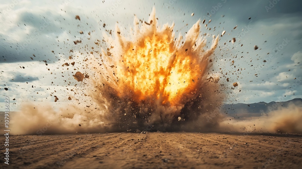 Aufkleber slow motion capture of a powerful bomb explosion in a desolate desert field with debris and shockwav