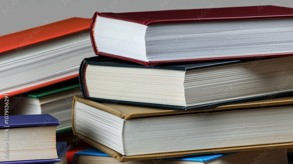 Poster stack of books with the top one being red. the books are of different colors and sizes