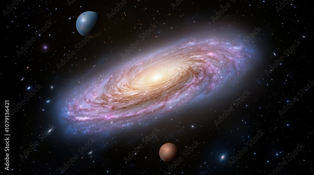 Poster spiral galaxy with a planet in the center and two other planets in the background. the galaxy is sur