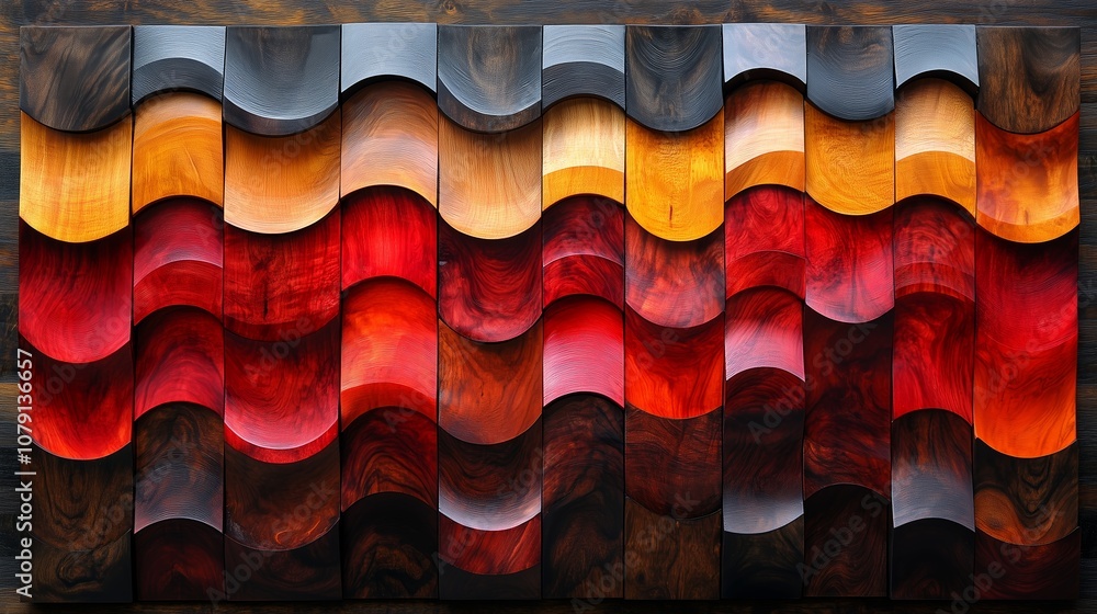 Poster series of wooden blocks in various colors and sizes, arranged in a wave-like pattern. the blocks are