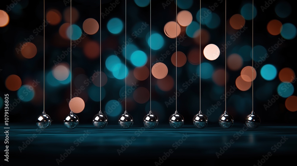 Poster series of shiny silver balls hanging from a string. the balls are spaced evenly apart and appear to 