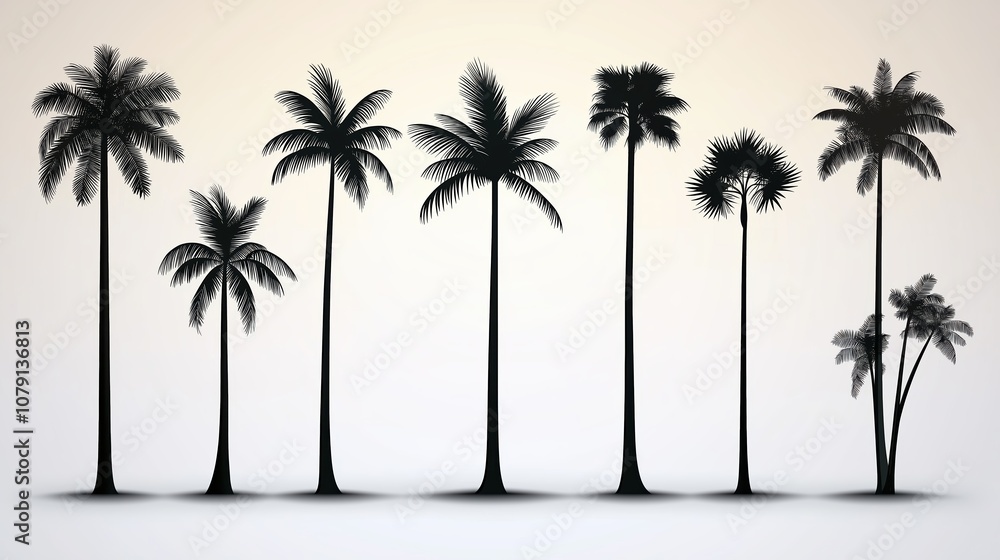 Poster series of palm trees are shown in black and white. the trees are of varying heights and are arranged