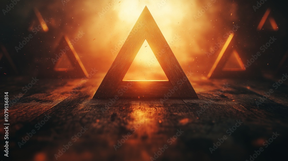 Poster series of triangles are lit up in a dark room. the triangles are arranged in a way that creates a se