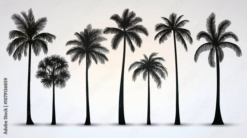 Aufkleber series of palm trees are shown in black and white. the trees are of various sizes and are arranged i