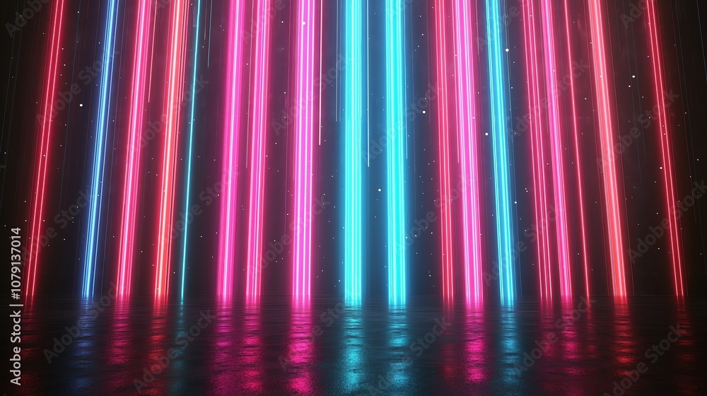 Poster series of neon lights are displayed in a dark room. the lights are in a row and are in different col