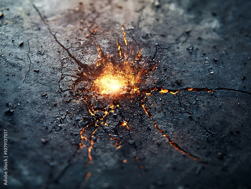Poster explosive detonation on metallic surface causing intricate fractures and cracks