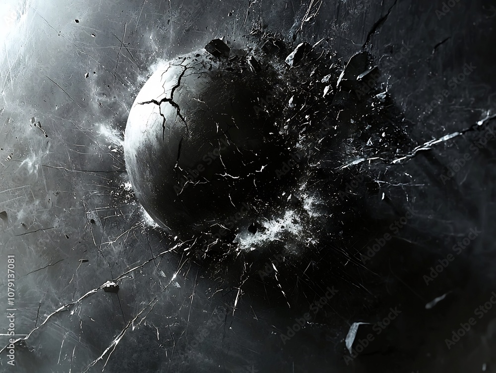 Poster closeup of a detonating explosive shattering a metallic surface with intricate fracture patterns and