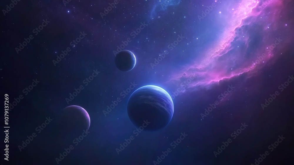 Poster serene and tranquil space scene with three planets and a purple cloud floating in the sky. the plane