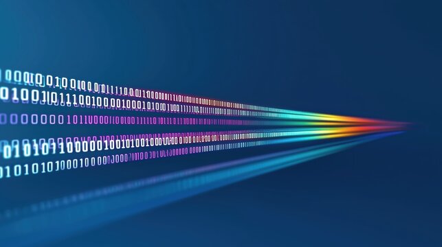 Series of binary numbers are displayed in a rainbow of colors. Concept of technology and innovation, as well as the idea of a complex and interconnected system