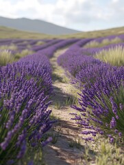 Obraz premium A dirt path winds through a field of blooming lavender, with hills in the background.