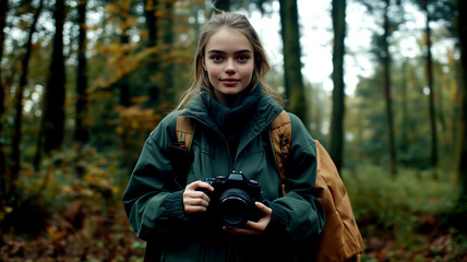 Young photographer exploring a forest in autumn